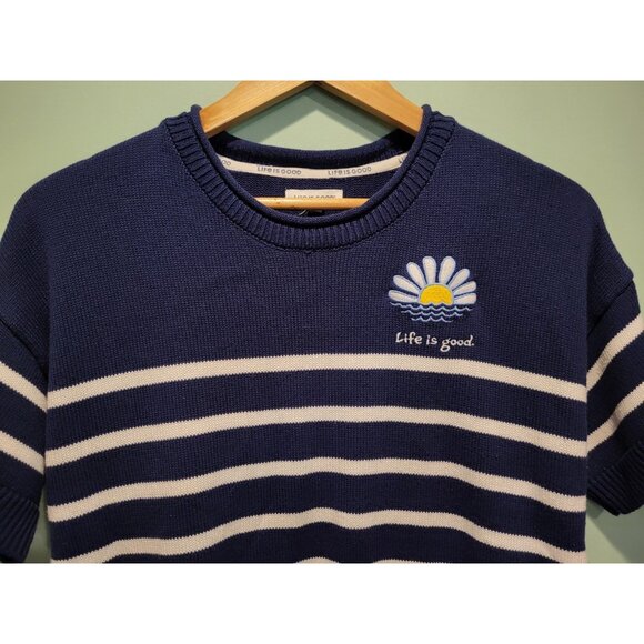Life Is Good Blue White Stripe Short Sleeve Sweater Sz L Nautical Preppy - Picture 2 of 6